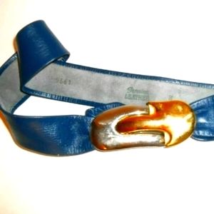 Vintage Navy Blue Leather Belt Silver Gold Buckle